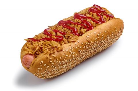 Хот-дог с томатами и жаренным луком